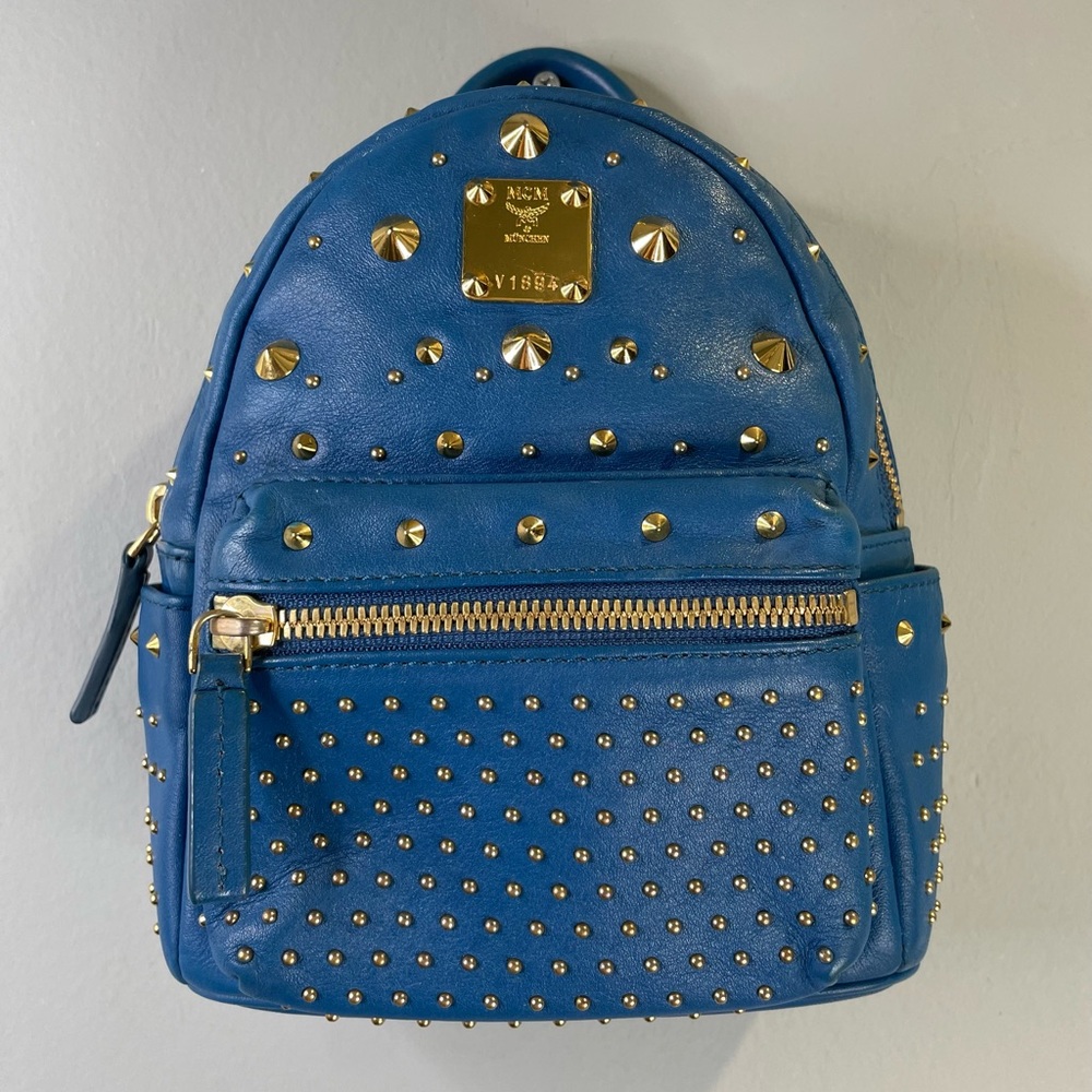 MCM Blue Gold-Studded Mini Backpack
